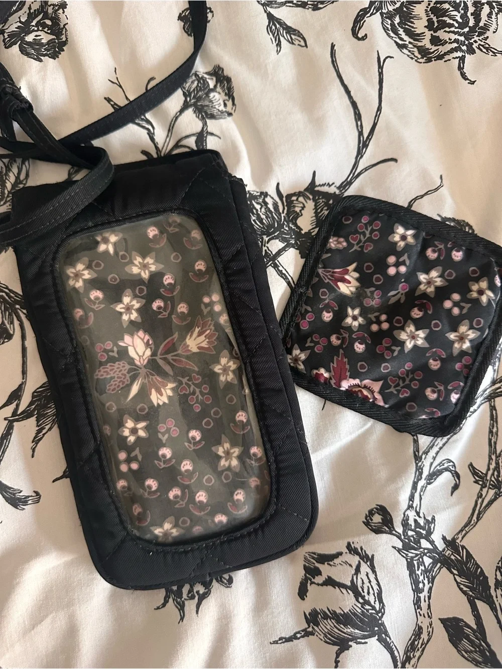 Vera Bradley, black Quilted Phone Crossbody Bag with Floral Lining and coaster